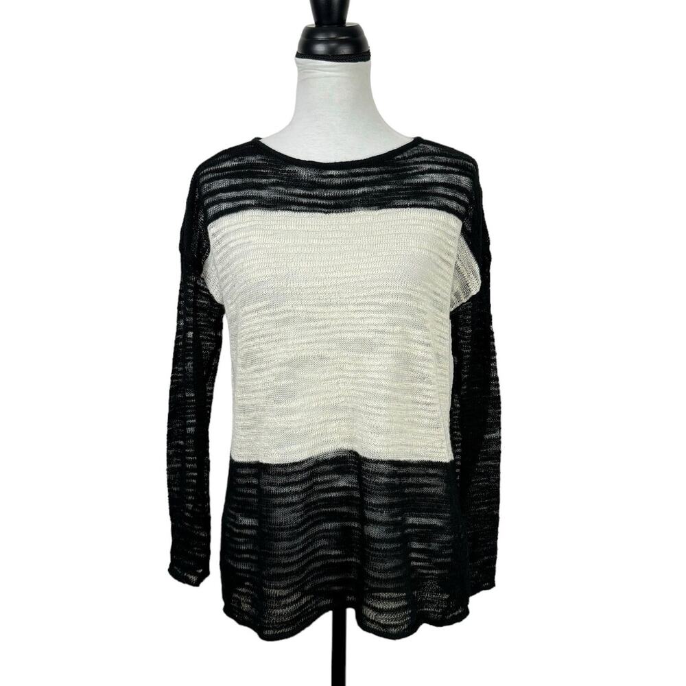Alice + Olivia Ottoman Black & White Colorblock Linen Blend Thin Knit Sweater